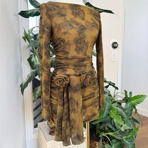 Cider Burnout Floral Ruched Sheer Mesh Long Sleeve Mini Dress XS Rosette Sash